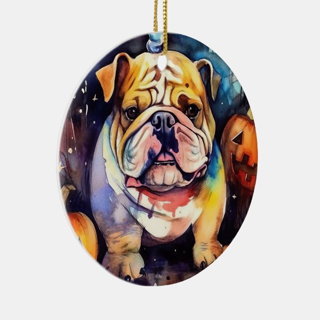 Ornamento De Cerâmica Halloween Bulldog Com Pumpkins Assustado (Direito )