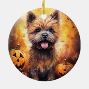 Ornamento De Cerâmica Halloween Cairn Terrier Com Pumpkins Assustado