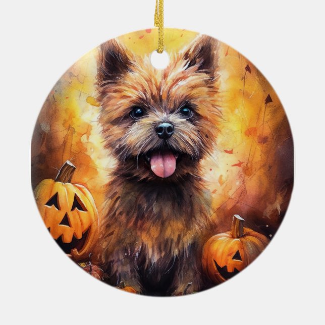 Ornamento De Cerâmica Halloween Cairn Terrier Com Pumpkins Assustado (Traseira)