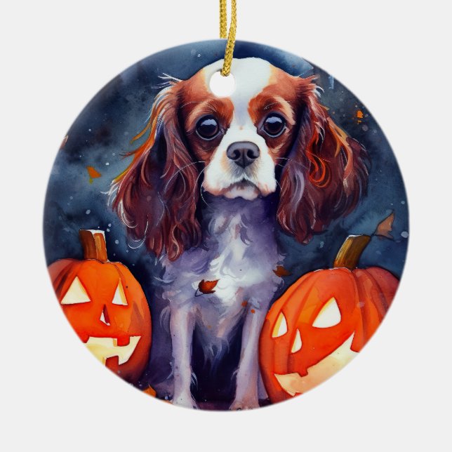 Ornamento De Cerâmica Halloween Cavalier King Charles Spaniel Pumpkins (Frente)