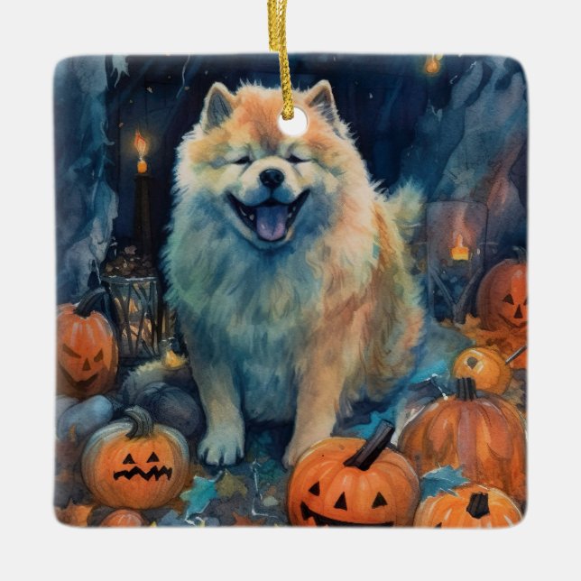 Ornamento De Cerâmica Halloween Chow Chow Com Pumpkins Assustado (Frente)