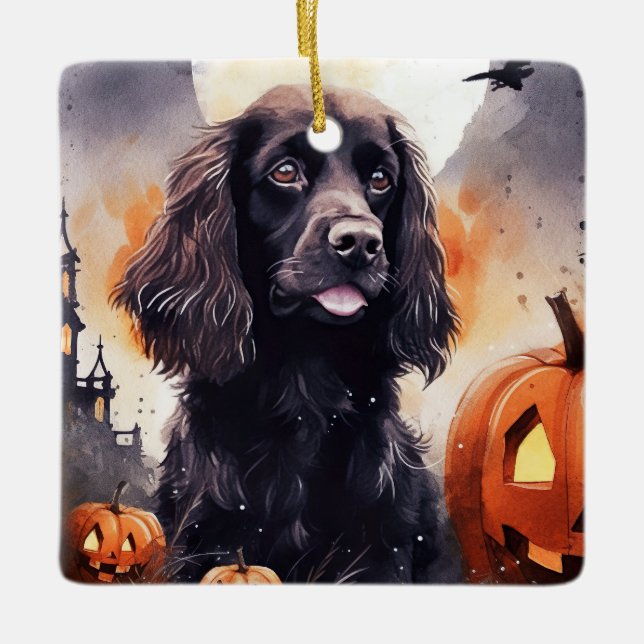 Ornamento De Cerâmica Halloween Cocker Spaniel Com Pumpkins (Frente)