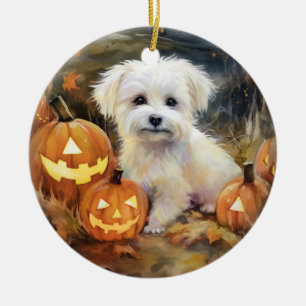 Ornamento De Cerâmica Halloween Coton De Tulear Com Pumpkins Assustado
