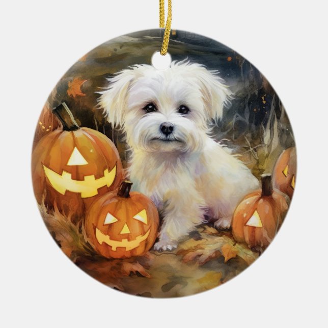 Ornamento De Cerâmica Halloween Coton De Tulear Com Pumpkins Assustado (Frente)