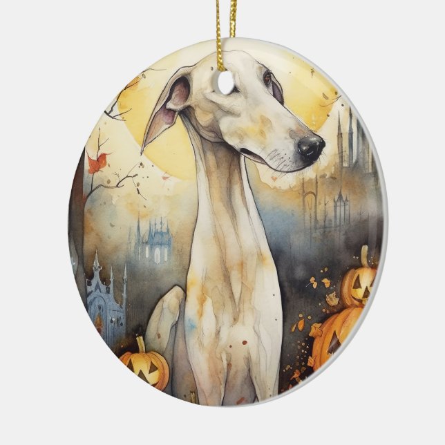 Ornamento De Cerâmica Halloween Greyhound Com Pumpkins Assustado (Esquerda)