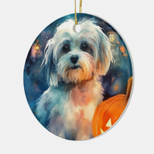 Ornamento De Cerâmica Halloween Havanese Com Pumpkins Assustado