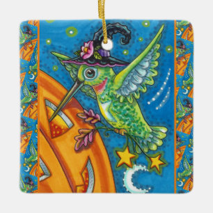 ORNAMENTO DE CERÂMICA HALLOWEEN HUMMINGBIRD E JACK O LANTERN WHIMSY