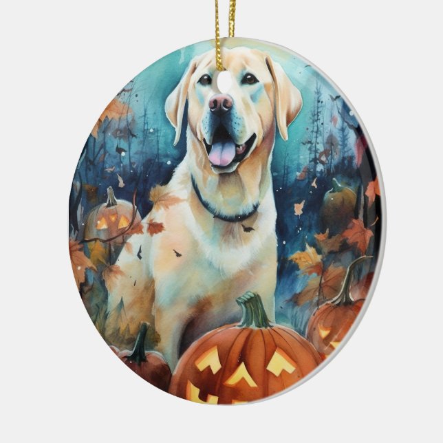 Ornamento De Cerâmica Halloween Labrador Com Pumpkins Assustado (Esquerda)