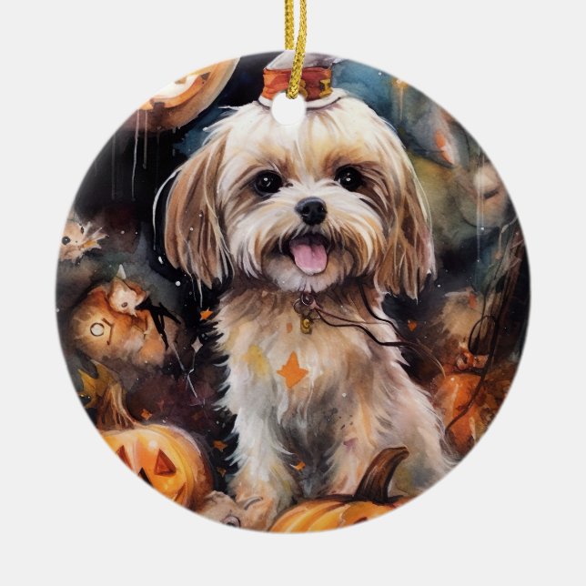 Ornamento De Cerâmica Halloween Lhasa Apso Com Pumpkins Assustado (Frente)