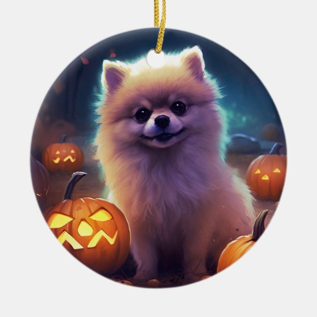 Ornamento De Cerâmica Halloween Pomeranian Com Pumpkins Assustado (Frente)