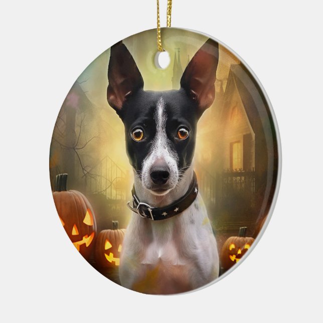 Ornamento De Cerâmica Halloween Rat Terrier Com Pumpkins Assustado (Esquerda)