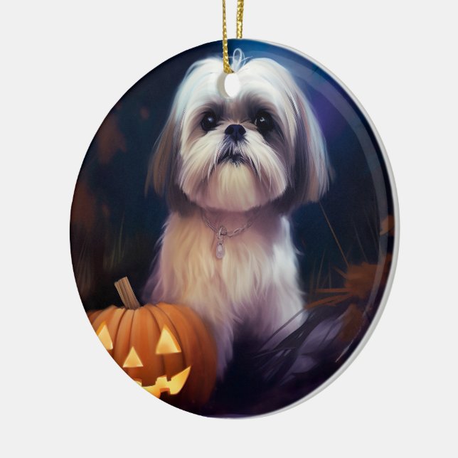 Ornamento De Cerâmica Halloween Shih Tzu Com Pumpkins Assustado (Esquerda)