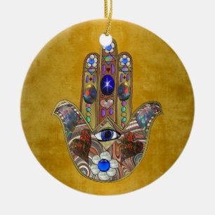 Ornamento De Cerâmica Hamsa Corações Flores Opala Arte em Ouro