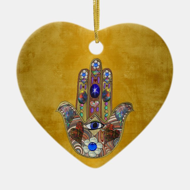 Ornamento De Cerâmica Hamsa Hearts Flowers Opal Art em Dourado (Frente)