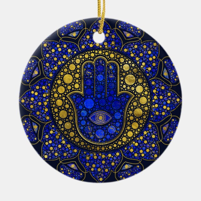 Ornamento De Cerâmica Hamsa - Mão de Fatima Dot Art Lapis Lazuli (Frente)