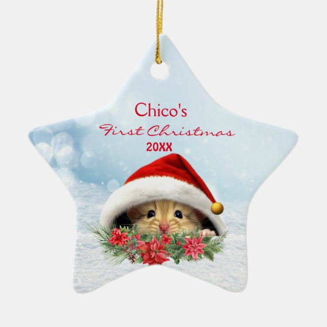 Ornamento De Cerâmica Hamster alemão personalizado no Natal de Santa Hat (Frente)