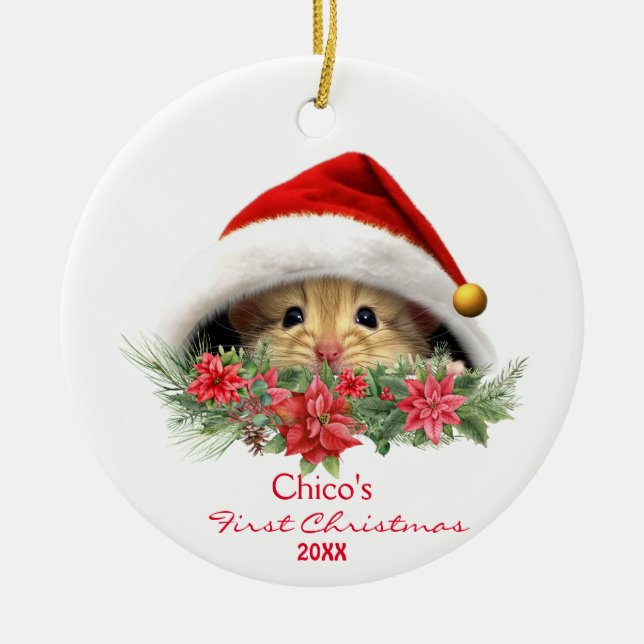 Ornamento De Cerâmica Hamster alemão personalizado no Natal de Santa Hat (Frente)