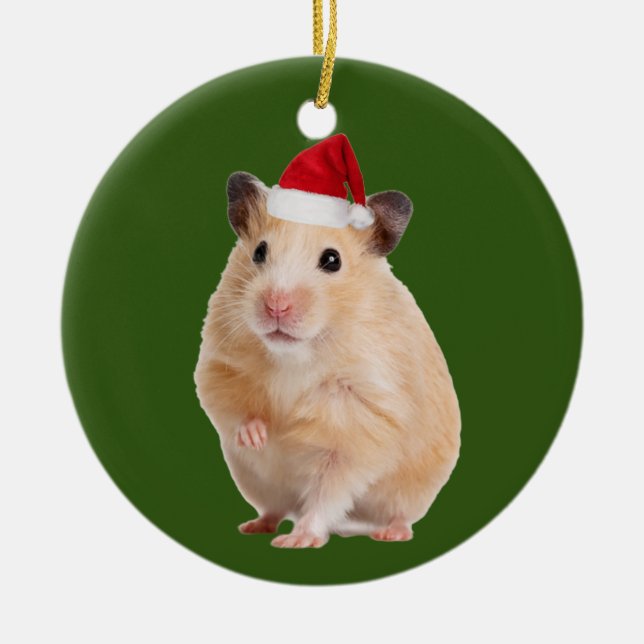 Ornamento De Cerâmica Hamster com o Natal do Hat Scaft (Frente)
