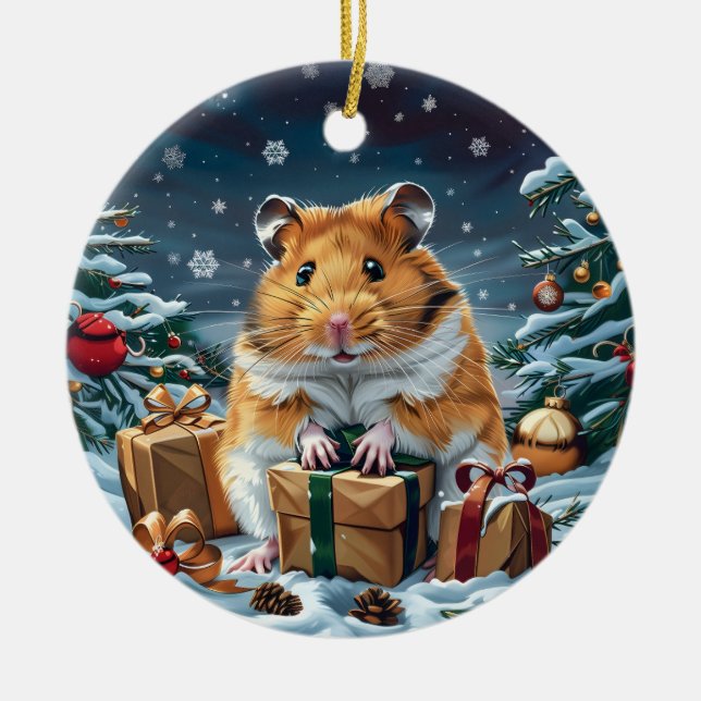 Ornamento De Cerâmica Hamster com presentes no Natal (Frente)