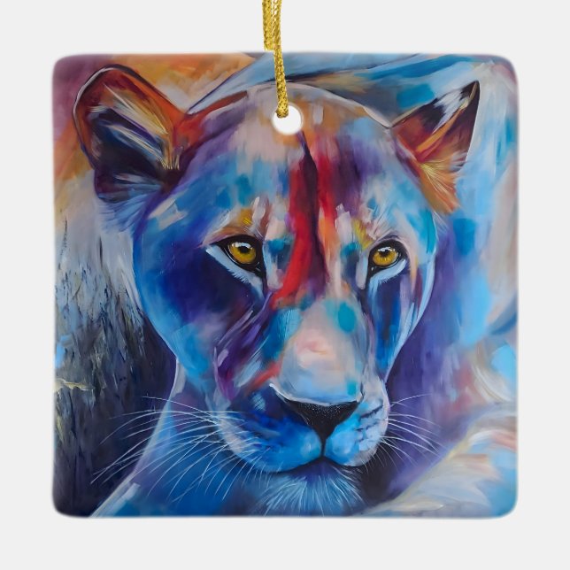 Ornamento De Cerâmica Hand Painted Wild Cat Portrait (Frente)
