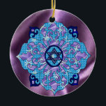 Ornamento De Cerâmica Hanukkah<br><div class="desc">Os azuis de todas as máscaras,  lilac e lavanda em uma forma da flor com uma estrela seis-tomada partido atada são no centro uma grande maneira de comemorar Hanukkah e expressar ao mesmo tempo sua individualidade.</div>