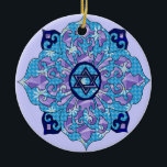 Ornamento De Cerâmica Hanukkah<br><div class="desc">Os azuis de todas as máscaras,  lilac e lavanda em uma forma da flor com uma estrela seis-tomada partido atada são no centro uma grande maneira de comemorar Hanukkah e expressar ao mesmo tempo sua individualidade.</div>