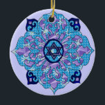 Ornamento De Cerâmica Hanukkah<br><div class="desc">Os azuis de todas as máscaras,  lilac e lavanda em uma forma da flor com uma estrela seis-tomada partido atada são no centro uma grande maneira de comemorar Hanukkah e expressar ao mesmo tempo sua individualidade.</div>