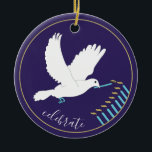 Ornamento De Cerâmica Hanukkah "DoveLightsMenorah"/Ornamento Círculo<br><div class="desc">Chanucá "Dove Luz Menorah/Dourado, Azul"/Ornamento Círculo. (2 lado) Para Personalizar, simplesmente exclua o texto na parte traseira e na frente do ornamento, substituindo pelo seu próprio texto usando o estilo, o tamanho e a cor de sua fonte favorita. O fundo no verso e na frente do ornamento pode ser mudado...</div>