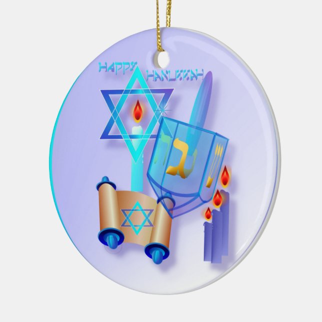 Ornamento De Cerâmica Hanukkah Dreidel-Feliz de vidro azul (Esquerda)