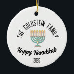 Ornamento De Cerâmica Hanukkah Jewish Chanuka Personalizado Nome da Famí<br><div class="desc">Adicione um toque festivo às suas celebrações de Chanucá com nossos acessórios de nome personalizados! Apresentando lindos itens relacionados a Chanucá, como Menorah, Dreidel e Sufganiyote, isso é perfeito para abençoar seus amigos pelo Chanuka! O destaque? Um recurso personalizado de nome da família! Adicione seu nome de família ao design,...</div>