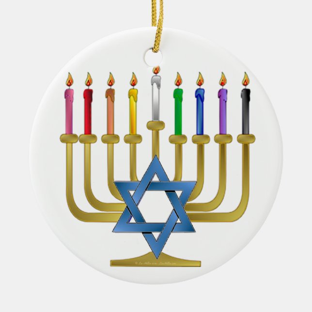 Ornamento De Cerâmica Hanukkah Rainbow Candles Dourados Menorah (Frente)