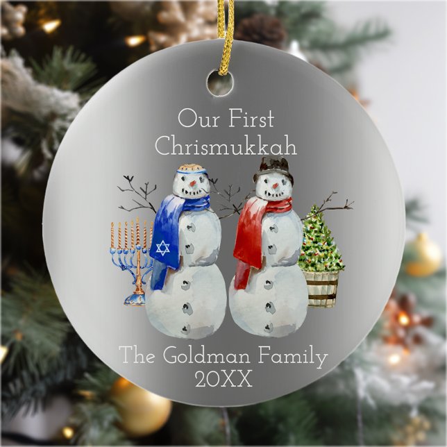Ornamento De Cerâmica Hanukkah Snowman Natal Nosso Primeiro Chrismukkah (Criador carregado)