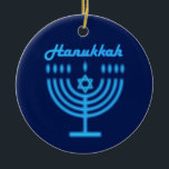 Ornamento De Cerâmica Hanukkiah Happy Hanukkah Holiday Menorah<br><div class="desc">Símbolo Hanukkiah. Feliz Festa de Hanukkah Feriado Judeu Menorah Azul. Decoração de Feriado Judeu Chanukkah com o símbolo decorativo tradicional de Chanuka - Marinho Blue color hanukkiah menorah, candelabro com velas, estrela de David e ilustração azul neon brilhante. Festa de Chanucá das Luzes Decoração do Evento. Jerusalém, Israel. Home >...</div>