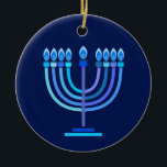 Ornamento De Cerâmica Hanukkiah Happy Hanukkah Holiday Menorah<br><div class="desc">Símbolo Hanukkiah. Feliz Festa de Hanukkah Feriado Judeu Menorah Azul. Decoração de Feriado Judeu Chanukkah com o símbolo decorativo tradicional de Chanuka - Marinho Blue color hanukkiah menorah, candelabro com velas, estrela de David e ilustração azul neon brilhante. Festa de Chanucá das Luzes Decoração do Evento. Jerusalém, Israel.Home > Home...</div>