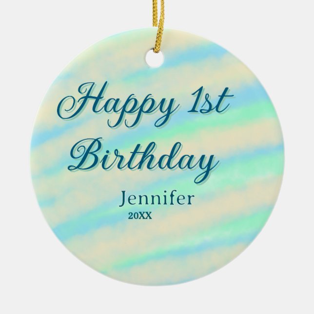 Ornamento De Cerâmica Happy 1st birthday kids baby blue green pastel ret (Frente)