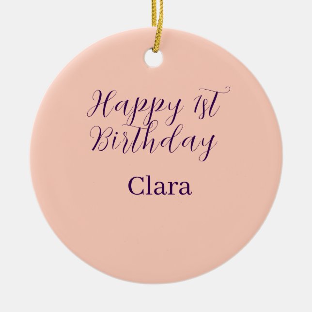 Ornamento De Cerâmica Happy 1st birthday orange purple boho retro name  (Frente)