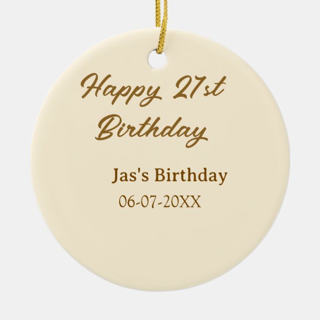 Ornamento De Cerâmica Happy 21st birthday brown pastel yellow name date  (Frente)