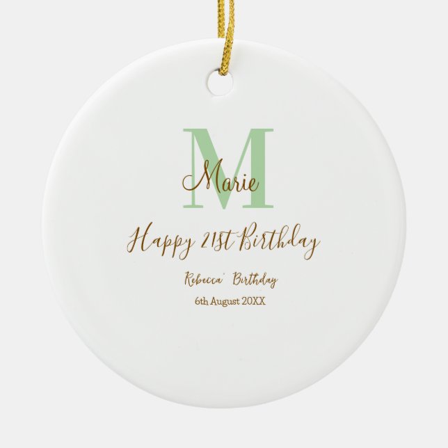 Ornamento De Cerâmica Happy 21st Birthday green add name monogram brown  (Frente)