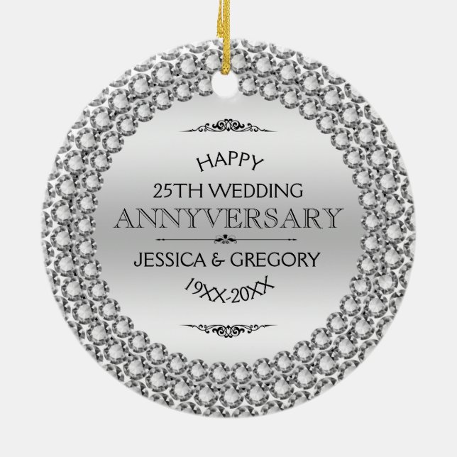 Ornamento De Cerâmica Happy 25th Wedding Anniversary Diamonds & Silver (Traseira)