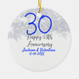 Ornamento De Cerâmica Happy 30th wedding anniversary silver blue glitter