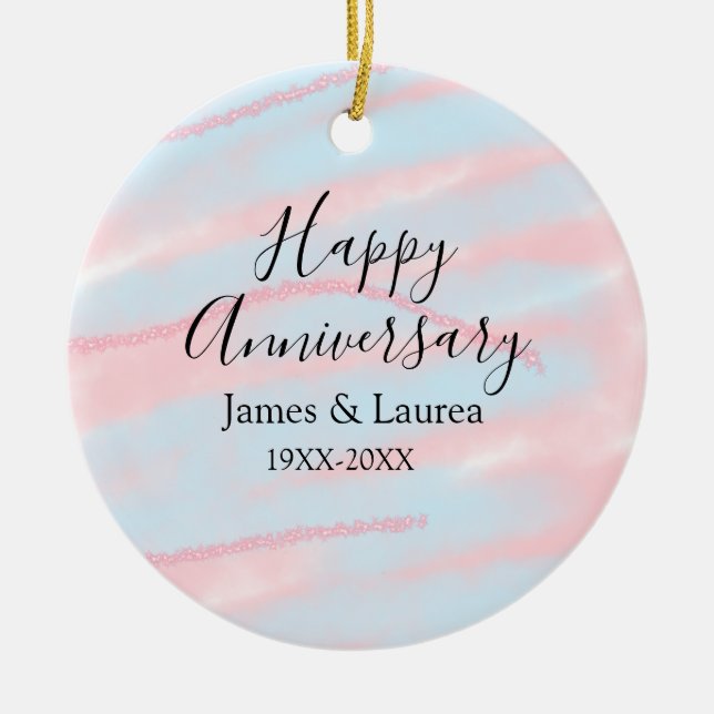 Ornamento De Cerâmica Happy anniversary wedding name date year pastel  (Frente)