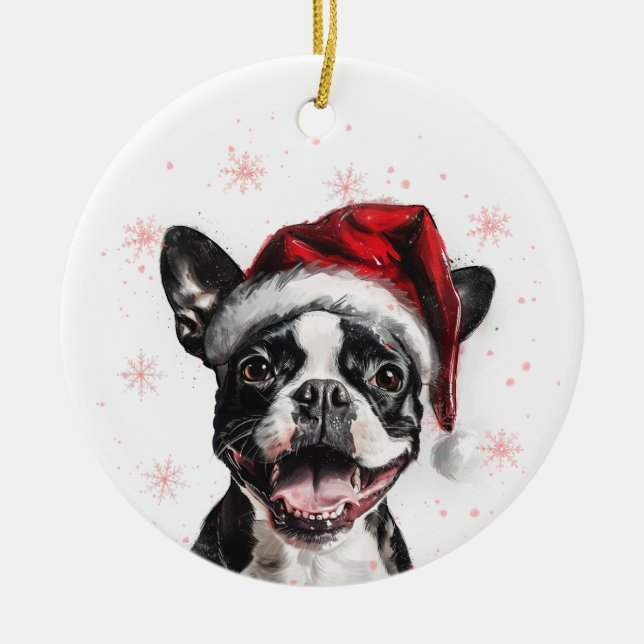 Ornamento De Cerâmica Happy Boston Terrier Dog Christmas Personalized (Frente)