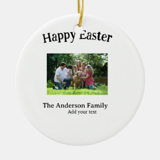 Ornamento De Cerâmica Happy Easter family photo name text reunion simple