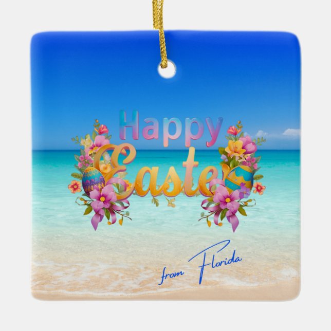 Ornamento De Cerâmica Happy Easter from Florida Tropical Beach (Frente)