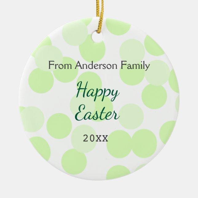 Ornamento De Cerâmica Happy Easter gray green polka dots family name (Frente)