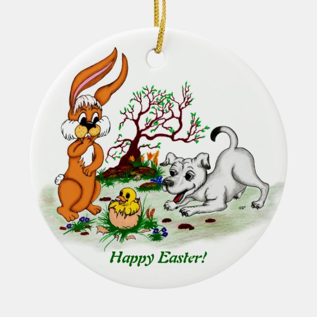 Ornamento De Cerâmica Happy Easter! Welpe, Küken, Hase (Frente)