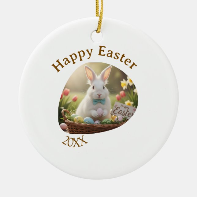 Ornamento De Cerâmica Happy Easter white bunny year photo family name  (Frente)