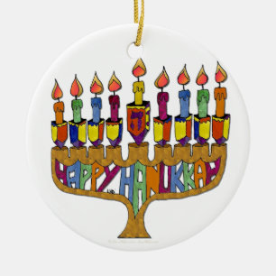 Ornamento De Cerâmica Happy Hanukkah Dreidels Menorah
