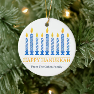 Ornamento De Cerâmica Happy Hanukkah   Saudação Simples da Vela Elegante