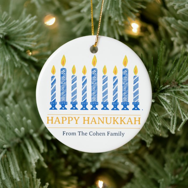 Ornamento De Cerâmica Happy Hanukkah | Saudação Simples da Vela Elegante (Árvore)